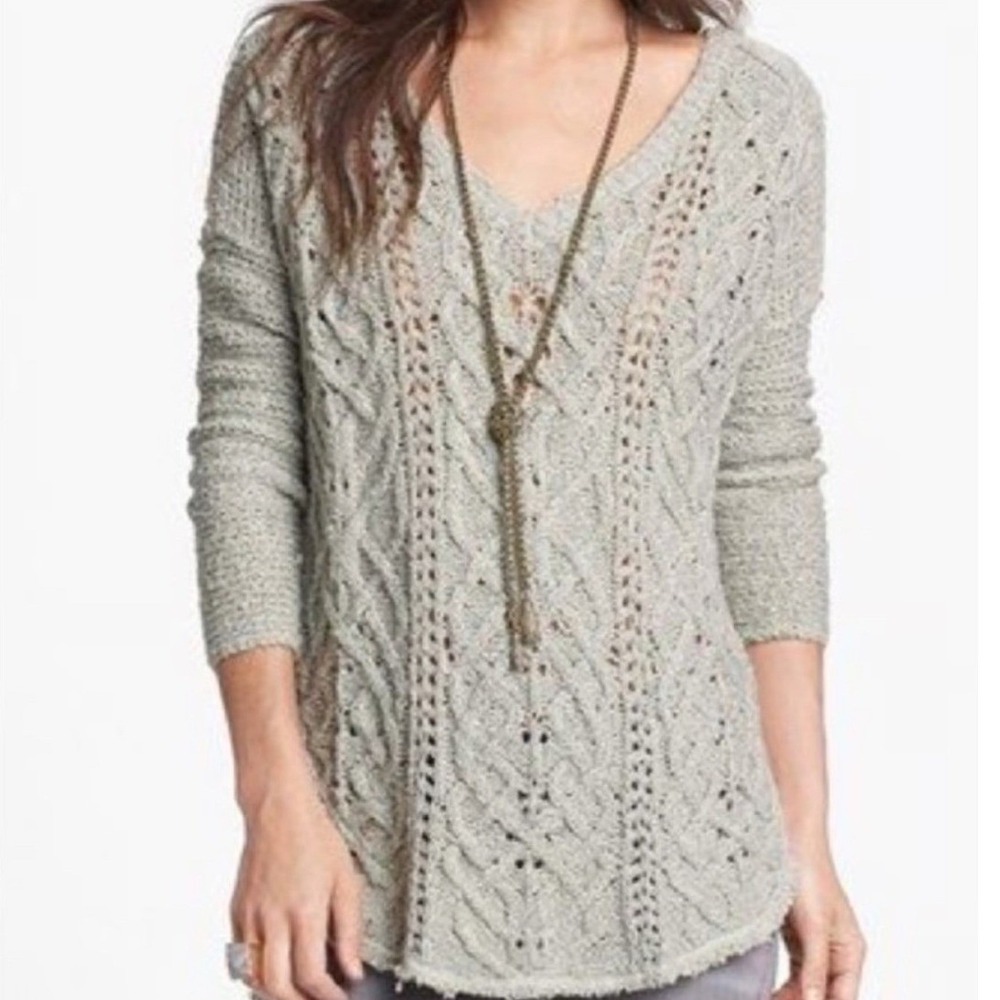 Free People Sweater Women Small Tan Gray Cross My Heart Pullover‎ Cable Knit